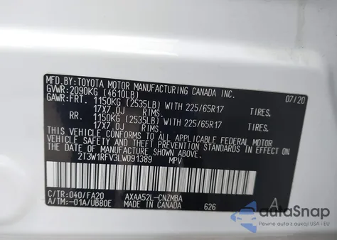 2020 Toyota Rav4 Xle z USA, uszkodzony, nr VIN 2T3W1RFV3LW091389